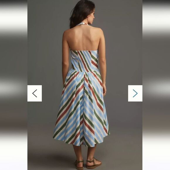 Maeve Anthropologie Halter Midi Sundress Striped Neutral Mot Size M - Picture 2 of 11